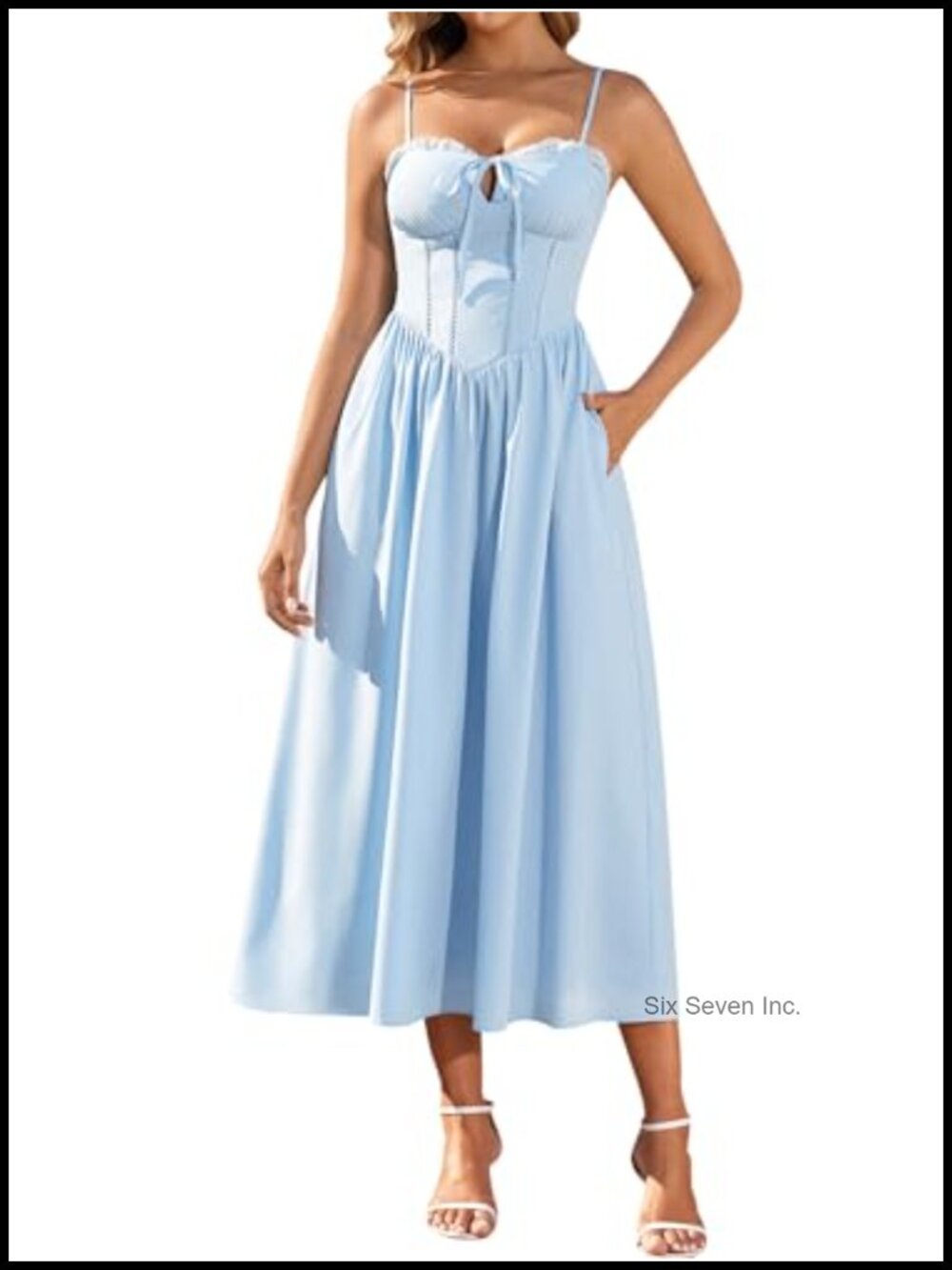 Women's Midi Flowy Lace Up Summer Wedding Guest Dress with Pockets